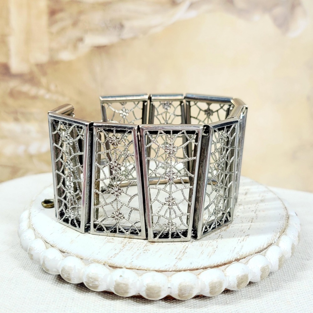 Vintage Judy Lee Panel Bracelet Wide Silver Tone Filigree Lattice Statement